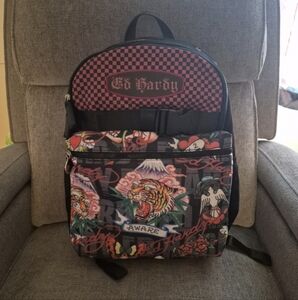 Ed Hardy Tatoo Screaming Tiger Large Red Checkered Print Backpack